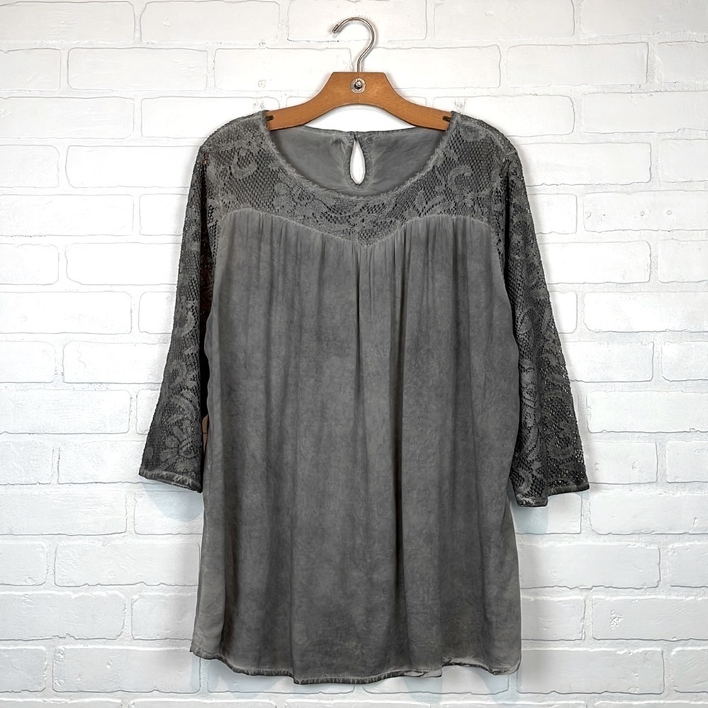 Gina Benotti Faded Gray Lace Boho 3/4 Sleeve Peasant Blouse L
